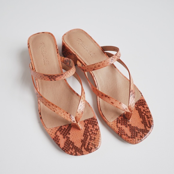 Madewell Thong Strappy Heeled Sandals in Snake Embossed Leather Size 7 - Picture 6 of 8